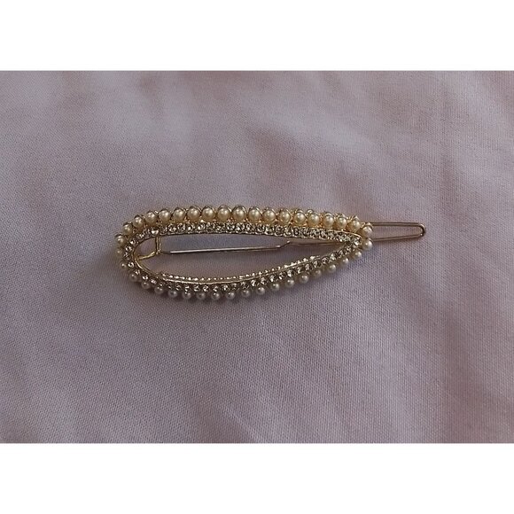 Vintage Gold Tone Faux Pearl & Rhinestone Hair Clip Barrette - Picture 1 of 3
